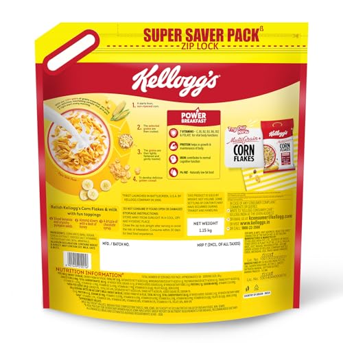 Image of Kellogg's Corn Flakes Original 1.2kg /1.15kg | Power of 5: Energy, Protein, Iron, IMMUNO NUTRIENTS, Vitamins B1, B2, B3 & C| Corn Flakes, Breakfast Cereal