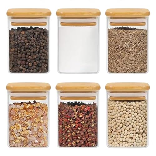 Image of Glass Storage square Containers with Lids Glass Jars with Lids,230 ml Clear Food Canister, Pantry jar set of 6(6, SQUARE BAMBOO LID GLASS JAR 230 ml-)