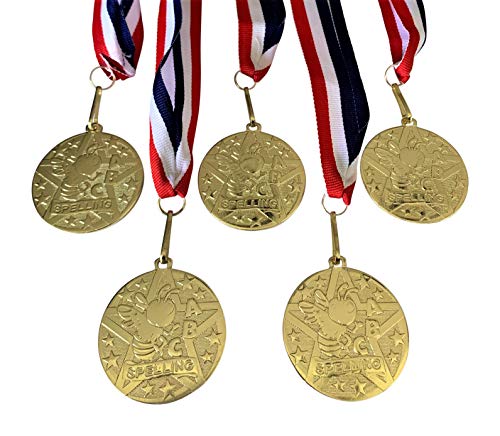 Express Medals 5-Pack 2 inch Diameter Die-Stamped Solid Metal Spelling Bee Medal with a Detailed Bright Gold Color Finish, and a Red White and Blue Neck Ribbon.