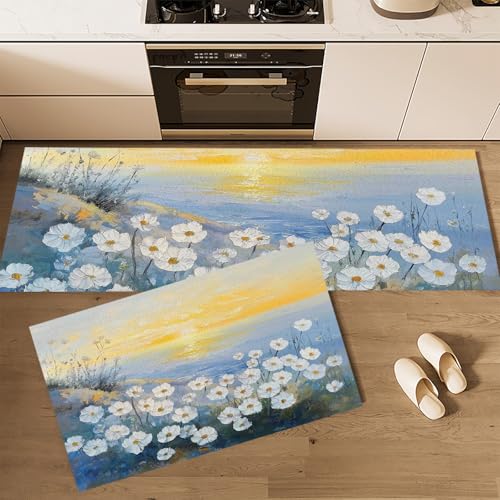 Alfombras cocina antifatiga decorativas en pasillo y entrada juego de tapetes flores blancas 6