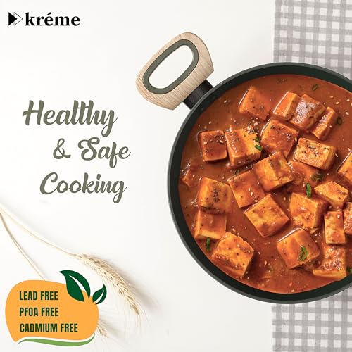 Image of Kreme Venetia Premium Series 4-Piece Granite Kadai Cookware Set with Lid | Non-Stick Aluminium Deep Kadhai | Granite Coating | Induction & Gas Stove Compatible | Healthy Low-Oil Cooking, Green
