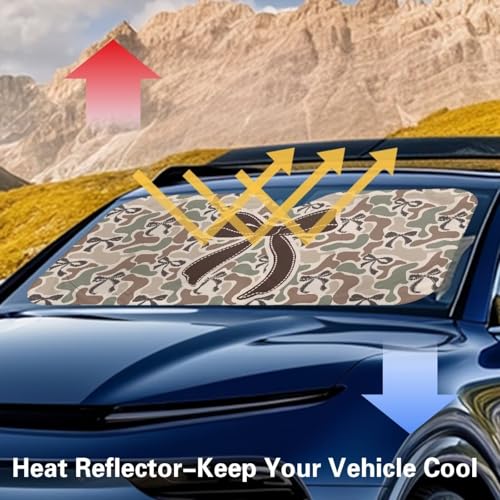 Image of Camo Bow Windshield Sun Shade Foldable Car Sunshade for Front Window Reflect UV Sun and Heat Keeps Vehicle Cool for Most Car, Truck, SUV, or Van, 66.53'' x 34.44''