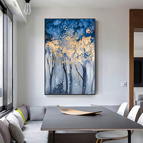 Toile peinture végétale arbre d'or vert pour décorer le salon - 3