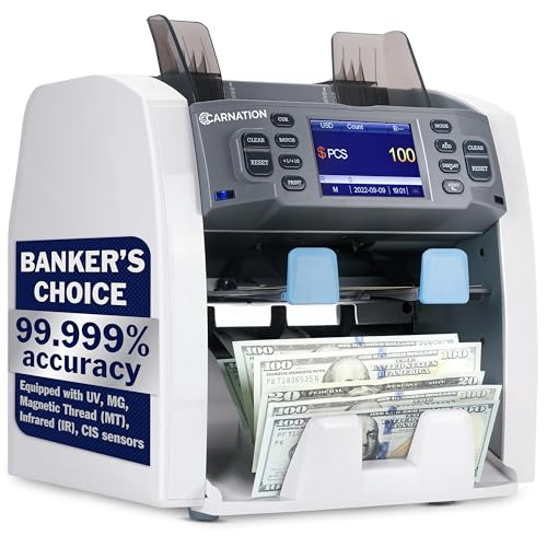 CARNATION Money Counter Machine – Cash Counting & Mixed Denomination Bill Counter, Portable Currency Detector, Counterfeit Bank Scanner, Dollar Sorter for Commercial, 1100 N/M, UV/MG/MT/IR/2×CIS