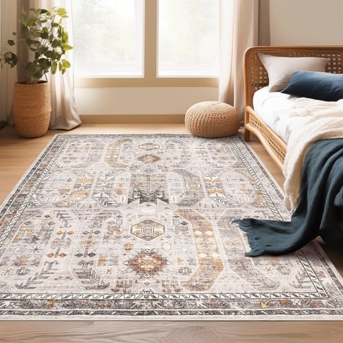 Madane Area Rug 3x5, Washable Entryway Rugs Printed Vintage Rugs for Bedroom Non Slip Indoor Kitchen Runner for Living Room Laundry Room Playroom Soft Non-Slip Floor Carpets, Brown/Gold