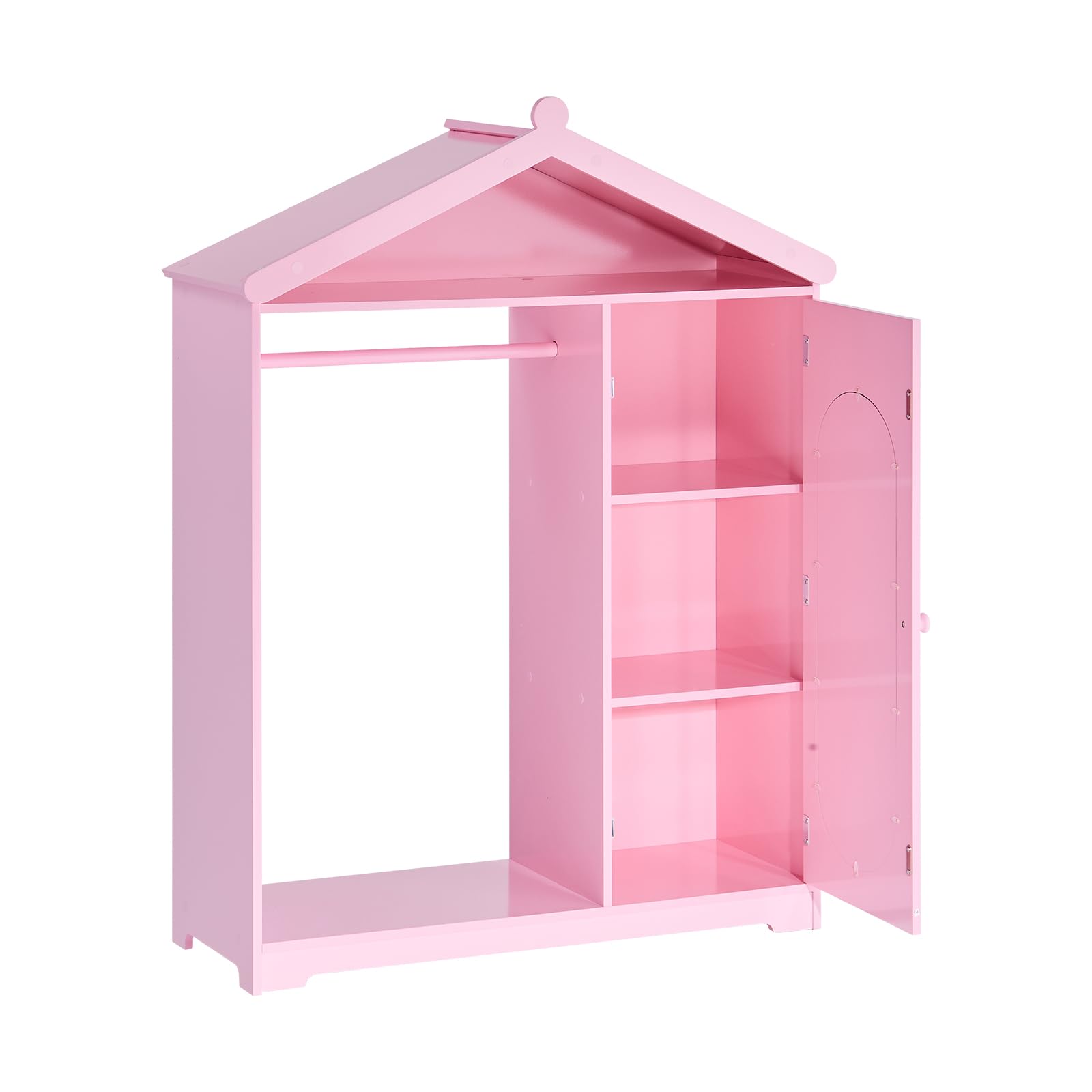 VEVOR Armario de Disfraces para Niños con Espejo, Perchero Infantil con Estantes, Mueble de Madera Estilo Cuento de Hadas para Dormitorio, Juegos, Organizador de Ropa con Barra y Compartimentos, Rosa
