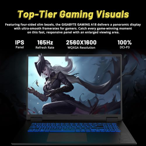 Image of GIGABYTE A18 3VH 18 inch WQXGA 165Hz Gaming Laptop, AMD Ryzen 7 260, NVIDIA GeForce RTX 5060 8GB GDDR7, 32GB DDR5, 3TB Storage (2TB+1TB Dock), 1-zone RGB Backlit Keyboard, FHD IR Camera, Win 11 Pro, Black
