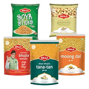 Bikaji Snacks Combo – SOYA STICKS & SALTED PEANUT & BHUJIA & TANA-TAN (Aloo Bhujia) & Moong Dal | 5 Pack Variety | Bar Snacks, Party Mix & Tea-Time Treats – 1000g