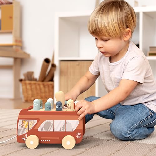 Image of Speedy Monkey Bus Pounding Bench, Pull-Along Bus with Hammering Activity, 8 Wooden Characters, Enhances Hand-Eye Coordination, Safe Design, Non-Toxic Paint, Educational Toy for Kids 2-5 Years | pull-along bus, 8 characters, hammering & pounding toys, montessori toys, hand-eye coordination, creative motor skill, gift