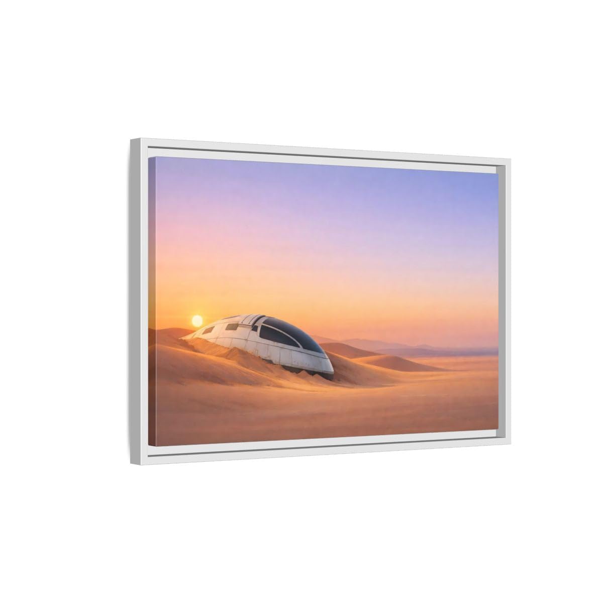 Science Fiction Crashed Spaceship Desert Sunset Framed Canvas Wall Art Print – Living Room Decor 18×12 inch (45×30 cm) - Horizontal/Black / 1.25 inch (3 cm)