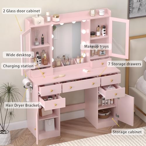 Image of Wodeer Vanity Desk with Mirror and Lights, 43 inch Pink Makeup Vanity Set with 5 Drawers & Glass Cabinets, Makeup Tray, Power Outlet & Adjustable LED Lights, Dressing Table for Women & Girls Bedroom