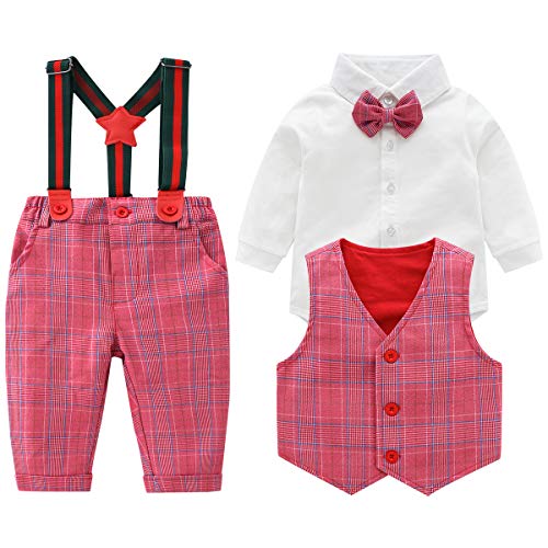 Baby Boys Gentleman Outfits Suits, Infant Long Sleeve Shirt+Bib Pants+Bow Tie +Vest Clothes Set,6-9M Red