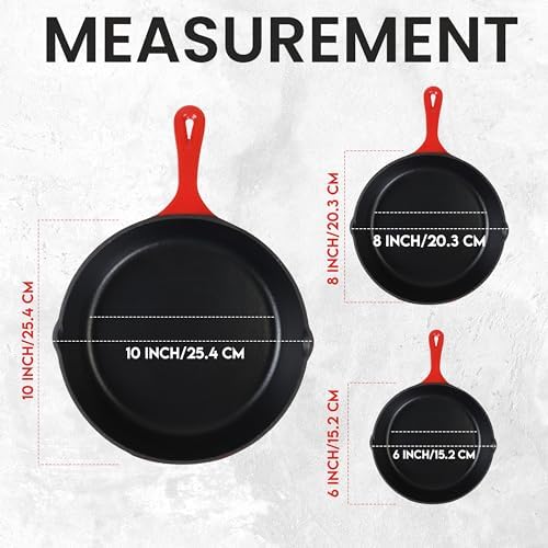 Utopia Kitchen Cast iron Skillets 3 Piece Set,Chefs Pan, Pre Seasoned Cast iron Skillets, 6, 8 & 10 Inches, Easy Use in the Oven, Stove, Grill, or Campfire, Red - Thumbnail 4