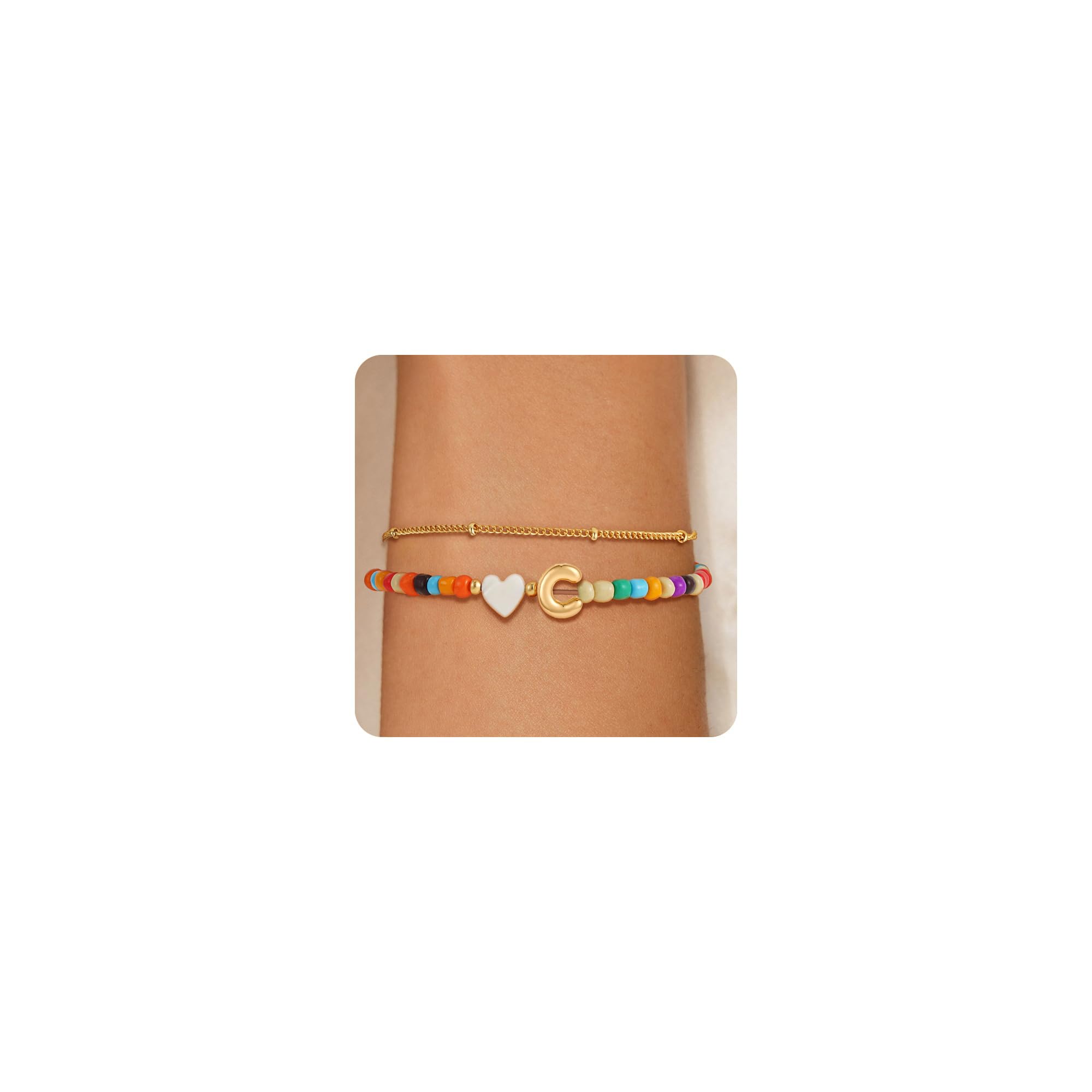 SLOONG Armband Damen Gold Silber, 18K Gold/Silber Vergoldet Perlen Armband mit Buchstaben Armbänder Verstellbares Armkette Geburtstagsgeschenk Geschenke für Frauen Mädchen Kinder