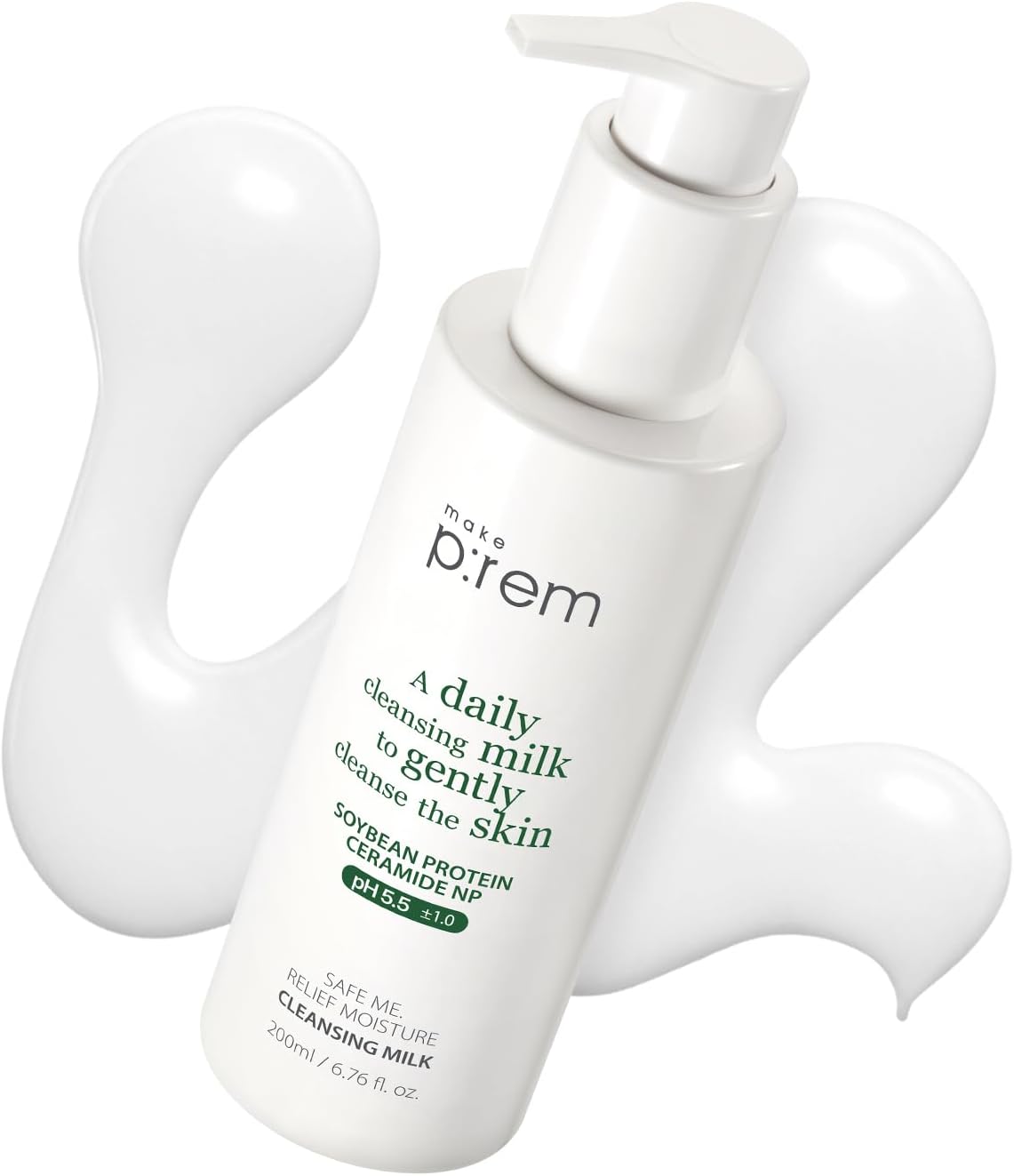 MAKE P:REM Safe Me. Relief Moisture Cleansing Milk, Gentle Makeup Remover for Sensitive Skin with Soy Protein, Korean Skin Care, 200ml, 6.76 Fl.Oz.