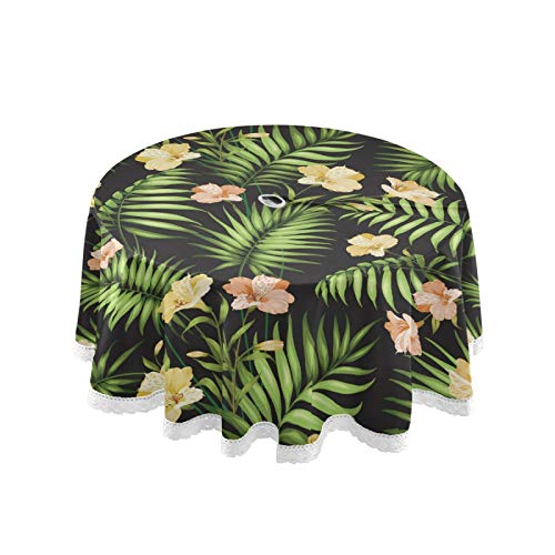 xigua Indoor Outdoor Spillproof Round Tablecloth Waterproof with Zipper Umbrella Hole Patio Table Cloths,Backyard Parties Spring/Summer Picnic BBQs - Tropical Flower Palm Lea