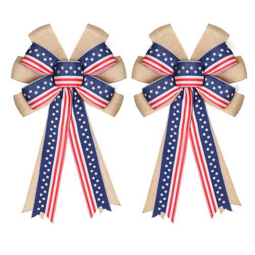 2 Pcs 4th of July Decor Bow for Wreath,Red White Blue Stripe Stars and Burlap Tree Topper Bows for Patriotic,Independence Day,Memorial Day,Veteran's Day,Outdoor Decorations