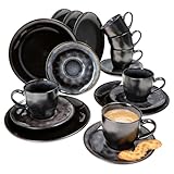 MamboCat Reactive Glaze Grey Black 18 teiliges Kaffeeservice I schwarzes handgefertigtes Steingut Geschirr-Set mit Kupferoptik I Gastro Kaffeegeschirr I Cafe Ausstattung Kaffeegedeck 6 Personen modern