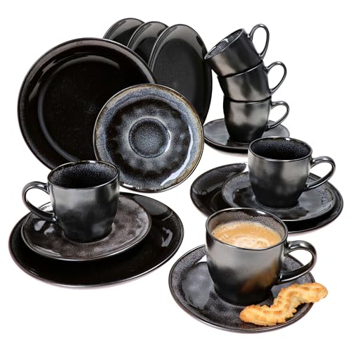 MamboCat Reactive Glaze Grey Black 18 teiliges Kaffeeservice I schwarzes handgefertigtes Steingut Geschirr-Set mit Kupferoptik I Gastro Kaffeegeschirr I Cafe Ausstattung Kaffeegedeck 6 Personen modern