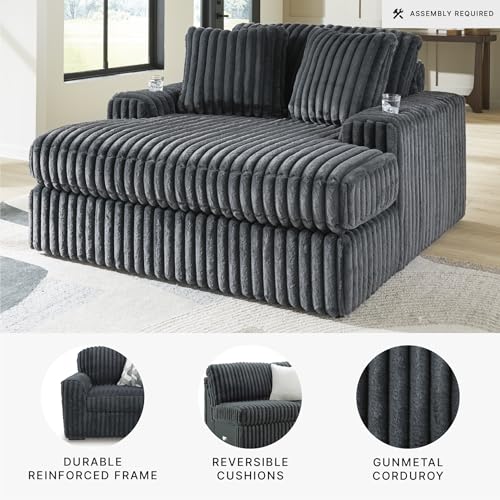 Image of Signature Design by Ashley Midnight-Madness Oversized Chaise, Gunmetal | Jumbo corduroy fabric, Indoor chaise lounge, Built-in USB port, Dual cup holders