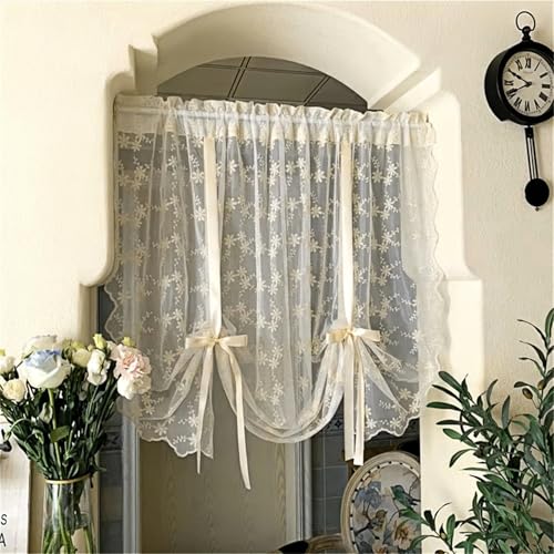 Ivory Embroidery Floral Sheer Curtain Tie Up Balloon Curtain Shade for Kitchen Bathroom Tulle Farmhouse Valance Rod Pocket Voile for Living Room Small Window 1 Panel Width 55 x 71 inches Length
