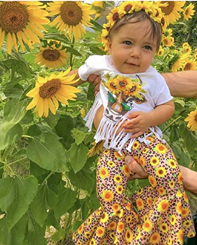 Toddler Baby Girl Clothes Set Short Sleeve Tassel T-Shirt Top Bottom Sunflower Flare Pants 2Pcs Spring Summer Outfits (Yellow, 4-5T) #TOP1