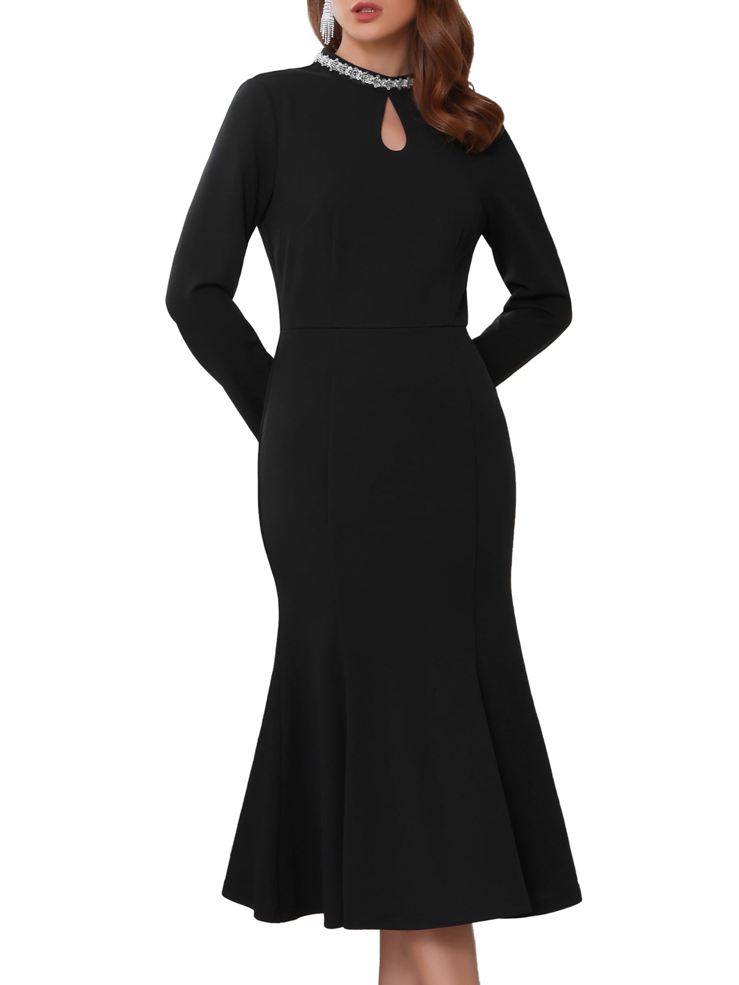 WOMLAYOUT Women's Evening Fishtail Dress Long Sleeve Sequin Trim Bodycon Formal Cocktail Midi Dresses