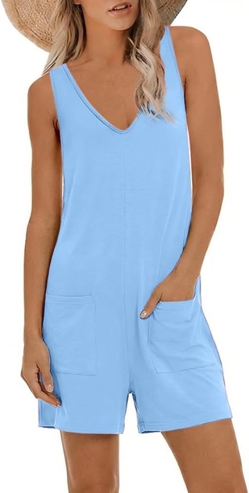 Womens Summer V Neck Sleeveless Tank Top Romper Loose Fit Jumpsuit Trendy One Piece Jumps with Pockets