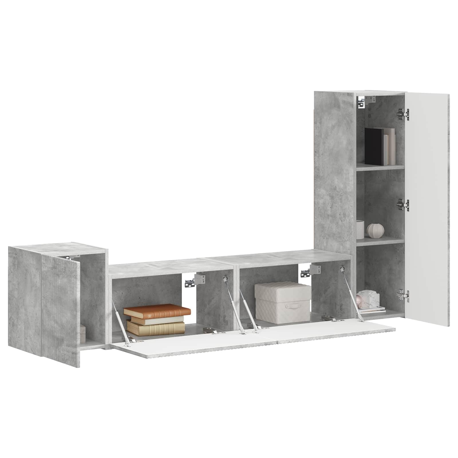 TV-Schrankset Wandmontiert, 4-teilig, Beton Grau Holzwerkstoff, Modernes Media Center für Wohnzimmer, Platzsparendes Design