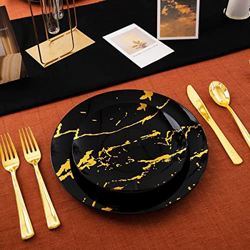 Youbet 60Pcs Black Plastic Plates With Gold -Disposable Plates For Halloween,Thanksgiving,Christmas-Including 30Plastic Dinner Plates 10.25Inch,30Salad Plates 7.5Inch #TOP3