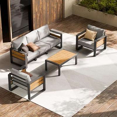 ZANDOR Aluminum Outdoor Patio Furniture Set, 4-Piece Metal Modern Outside Sectional Conversation Lawn Furniture with Coffee Table & Washable Thick Cushions,Seating Sofa for Garden/Backyard/Porch Grey