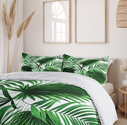 Ambesonne Palm Leaf Duvet Cover Set, Realistic Vivid Leaves Of Palm Tree Growth Ecology Botany Themed Print, Decorative 3 Piece Bedding Set With 2 Pillow Shams, Queen Size, Fern Green White #TOP5