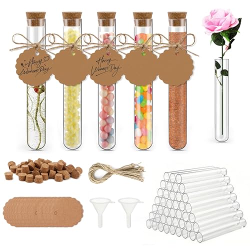 Zikenis 50 Stück Reagenzglas mit Korken 100 x16 mm Kunststoff Reagenzgläser mit Korken mit 50 Stück Kraftpapieranhänger+50 Stück Hanfseil+2 Trichter+50 Etiketten für Liquids Bonbons Spices Deko