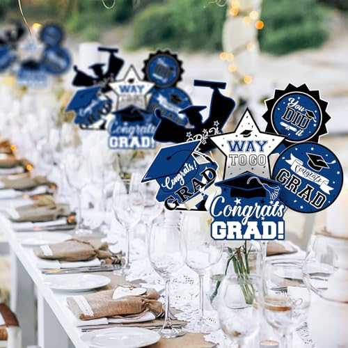 Image of 24Pcs Graduation Party Decorations Class of 2026, Graduation Centerpieces for Tables, 2026 Congrats Grad Party Centerpiece Stick Table Toppers for Graduation Party Supplies (Blue)