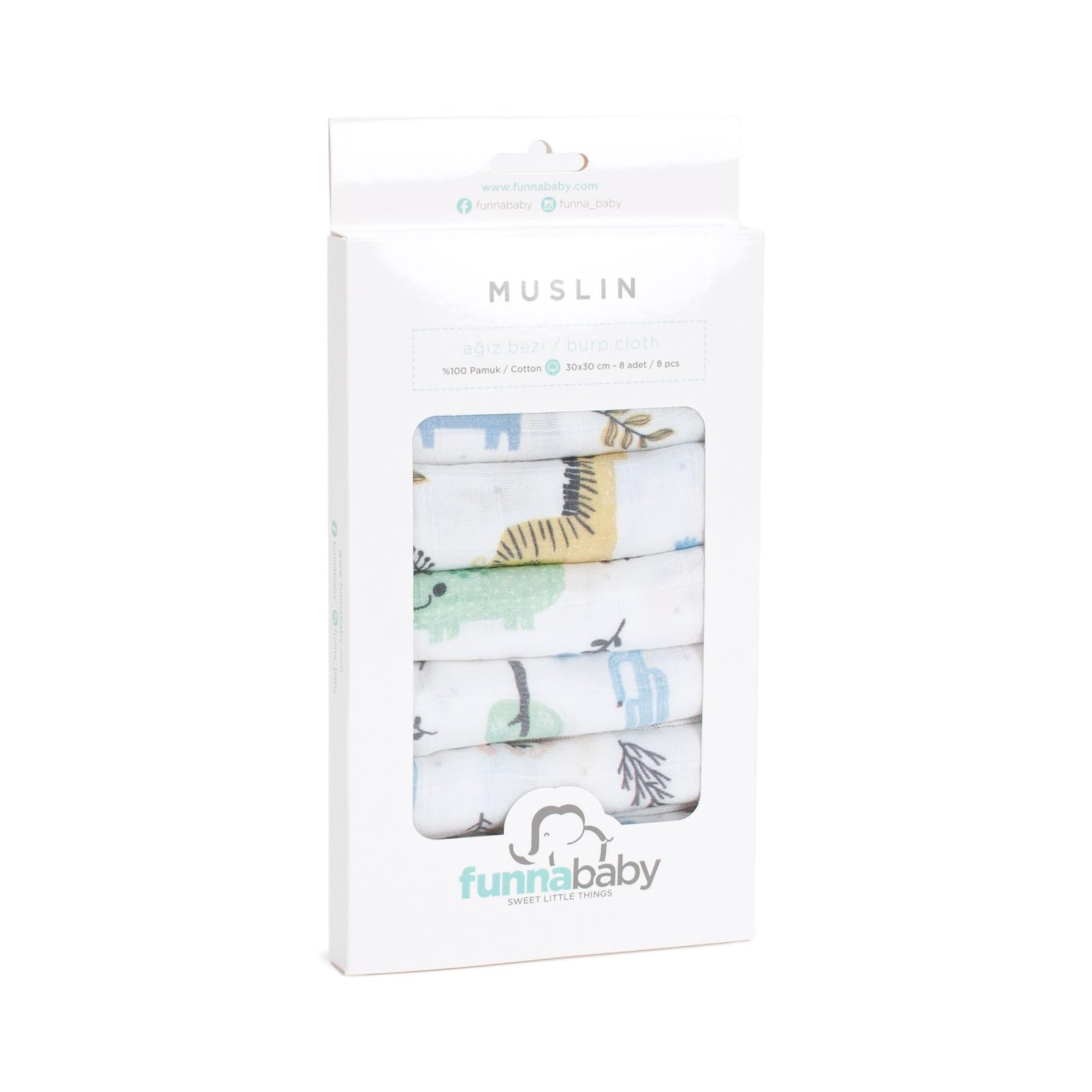 Funnababy Baby Muslin Cloths for Newborn – Pack of 8, Thin and Quick Dry, Extra Soft Face Muslin, 100% Cotton, Fabric Washcloth, Square Cloth for 0-6 months, Starter Baby Essential, 30x30 cmCompact by Design (Certified by Amazon)