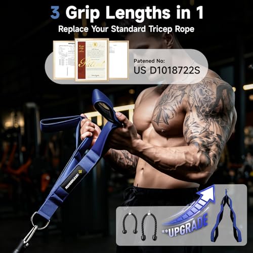 Image of MANUEKLEAR 24-Inch 3-Grip Tricep Rope Cable Attachment for Gym Greater ROM