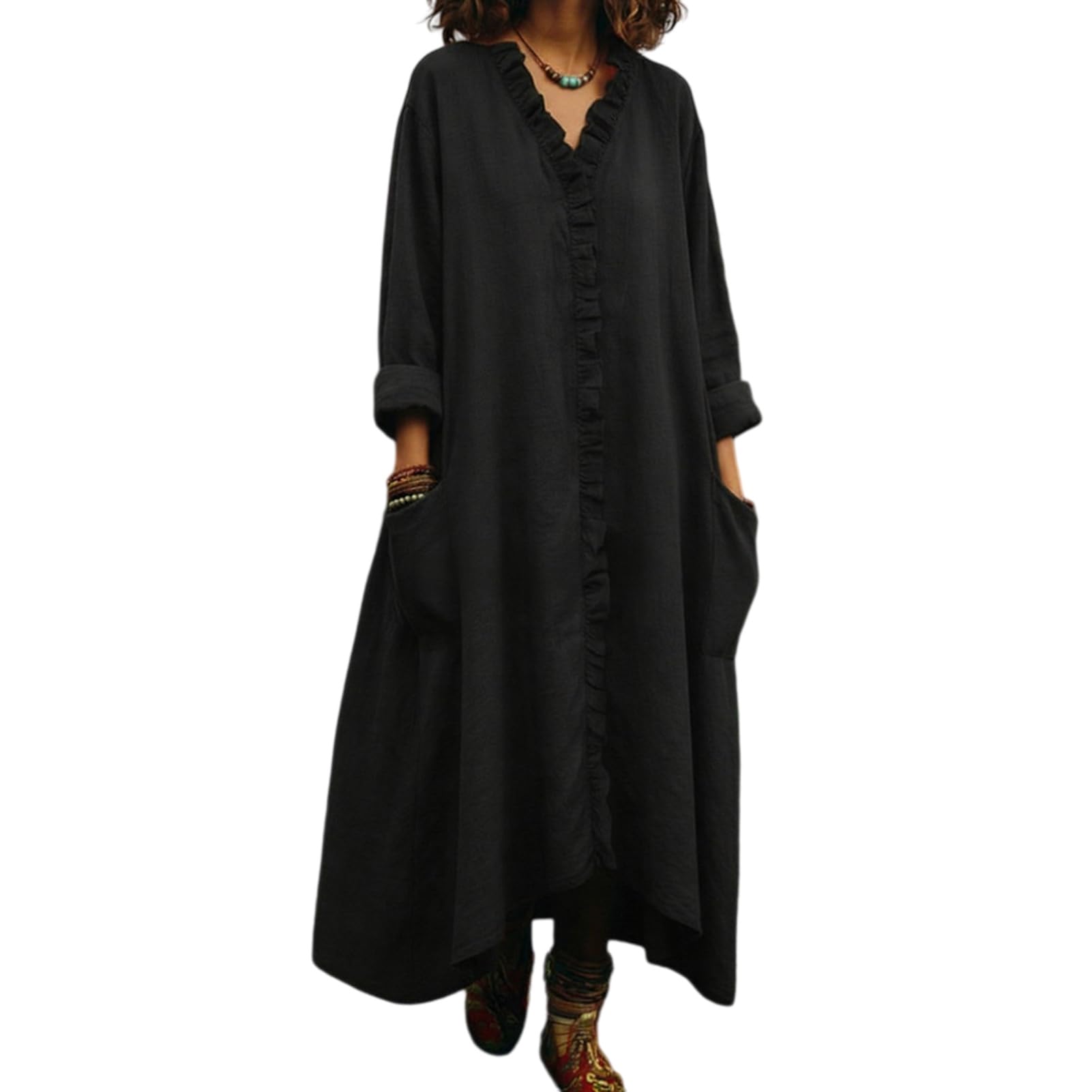 Maxi abito estivo da donna con volant e scollo a V, a maniche lunghe, stile boho, con tasche, casual, vestibilità ampia