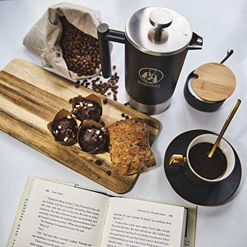 BARVIVO French Press Coffee Maker - Best for Brewing Your Favorite Cup of Coffee or Tea - Comes with a Small Portable Travel Jar - The Black Double Insulated Stainless Steel body holds 34oz