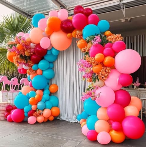 Image of Hot Pink Blue Orange Balloon Garland - Double Stuffed Teal Orange Pastel Pink Peach Latex Metallic Burgundy Balloon Arch Kit for Colorful Baby Shower Tropical Summer Birthday Party Decoration