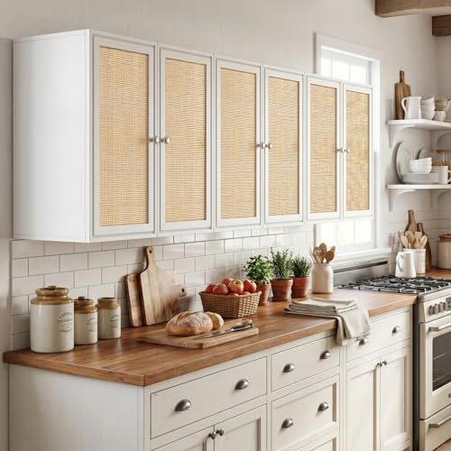 Image of Rattan Wall Cabinets for Laundry Room, Upper Cabinets Wall Mounted with Adjustable Shelves, Wall Cabinet for Kitchen, Bathroom, Bedroom, White, Set of 3