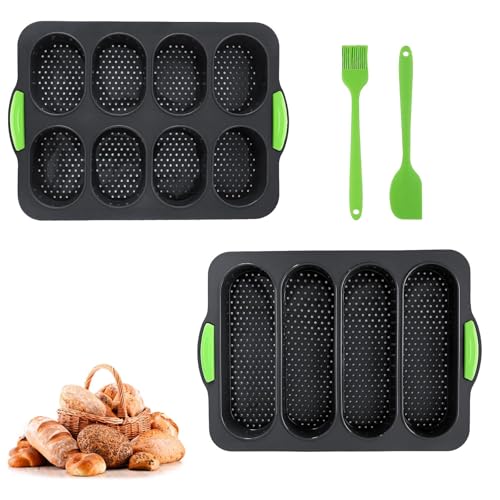 LUCKNIGHT Brötchen Backform, 2 Stück Baguette Backform Silikon, mit 4, 8 Steckplätzen, Backformen für Baguette und Brötchen Antihaft, mit Spatel und...