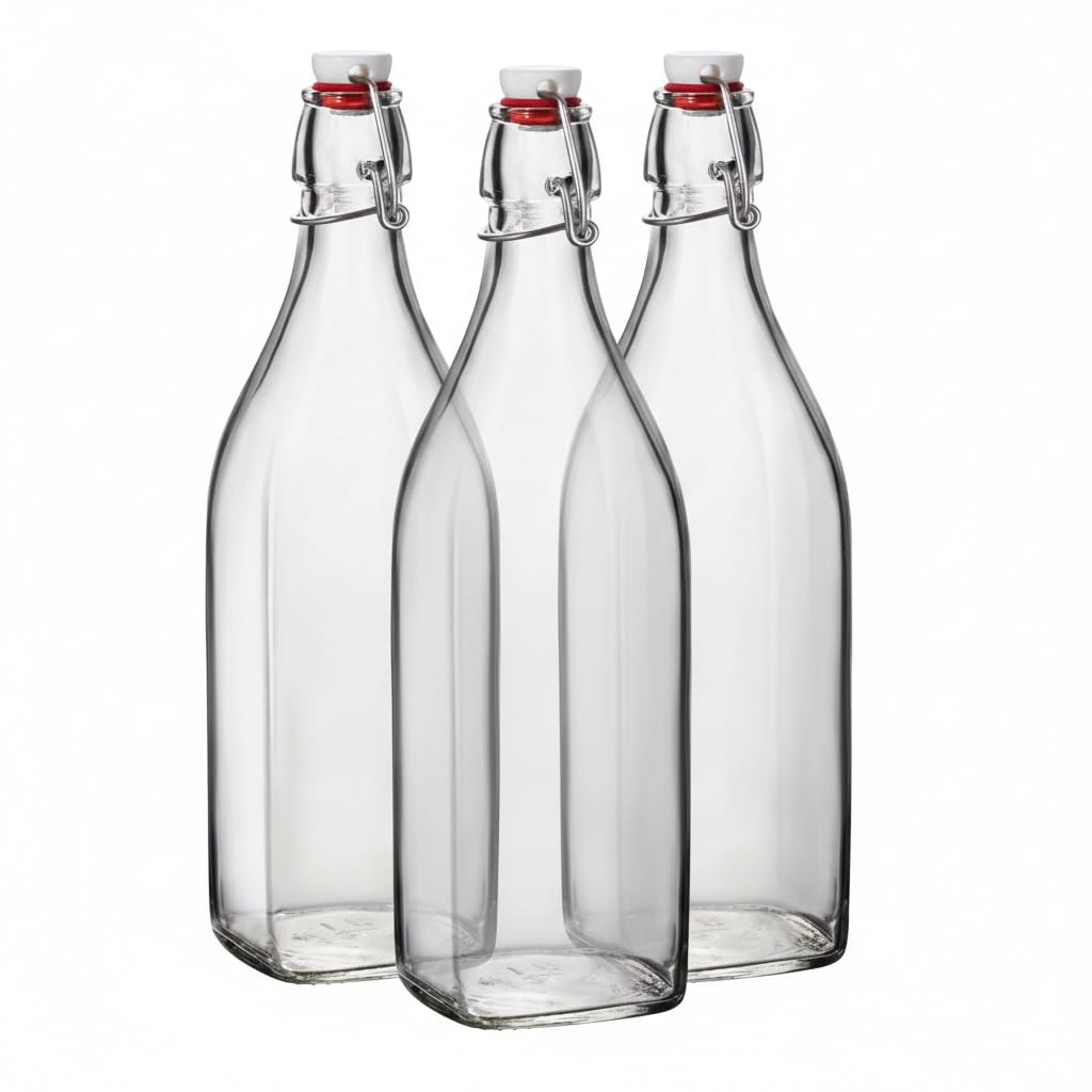 Set 3 Bottiglie Swing in Vetro Trasparente 1 Litro con Chiusura Ermetica a Leva Tappo Meccanico Ideali per Olio Aceto Liquori Succhi e Conserve Fatte in Casa