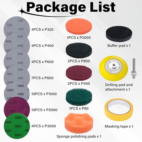 53 PCS Car Headlight Restoration Kit, 3 Inch Drill Sanding Disc with 1/4 Inch Shank Backing, Loop and Hook Sanding Paper, Scouring Pads, Polishing Sponge, Soft Interface Pad, Masking Tape
