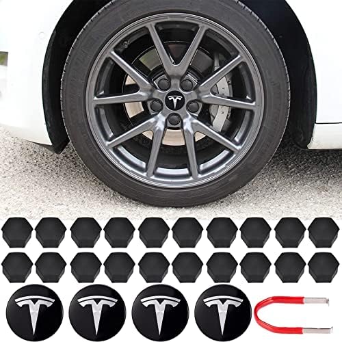 AMOSKAMAR Wheel Hub Accessories Kit 4pcs Hub Center Caps 20pcs Matte Wheel Lug Nut Cover 1pc Puller Universal for Tesla Model 3 S X (Silver)