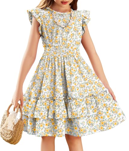 Image of Arshiner Girls Dresses Flutter Sleeve A-Line Sundress Casual Summer Tiered Swing Midi Pocket Dress
