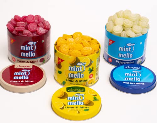 Image of CandyVille Mint Mello Candy Tin Combo (1.02 KG - Pack of 3) | Each of Lime Mint, Paan Mint and Peppermint Candy Tins | Mild Mint | With Menthol | Flavoured Candy