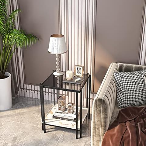 Tempered Glass Side Table Marble: 2-Tier Open Storage Square Nightstan Blue Tinted Glass End Tables with Sintered Stone Aesthetic Pattern Marble Top Bedside Table Black and Black Metal Frame Cover