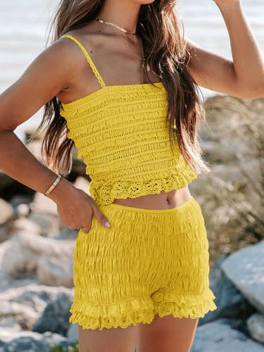Image of LUXVEER Womens Summer Shorts Trendy Ruffle Lace High Waisted Smocked Beach Mini Shorts Y2K Micro Boyshorts Lolita Bloomers