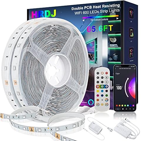 HRDJ Waterproof LED Lights for Bedroom, Smart WiFi 65.6FT 600LEDs Double PCB Heat Resisting, RGB Music Sync 5050 Strip Lights Work with Alexa and Google Assistant, Remote App, 24Key Control for Home Cover