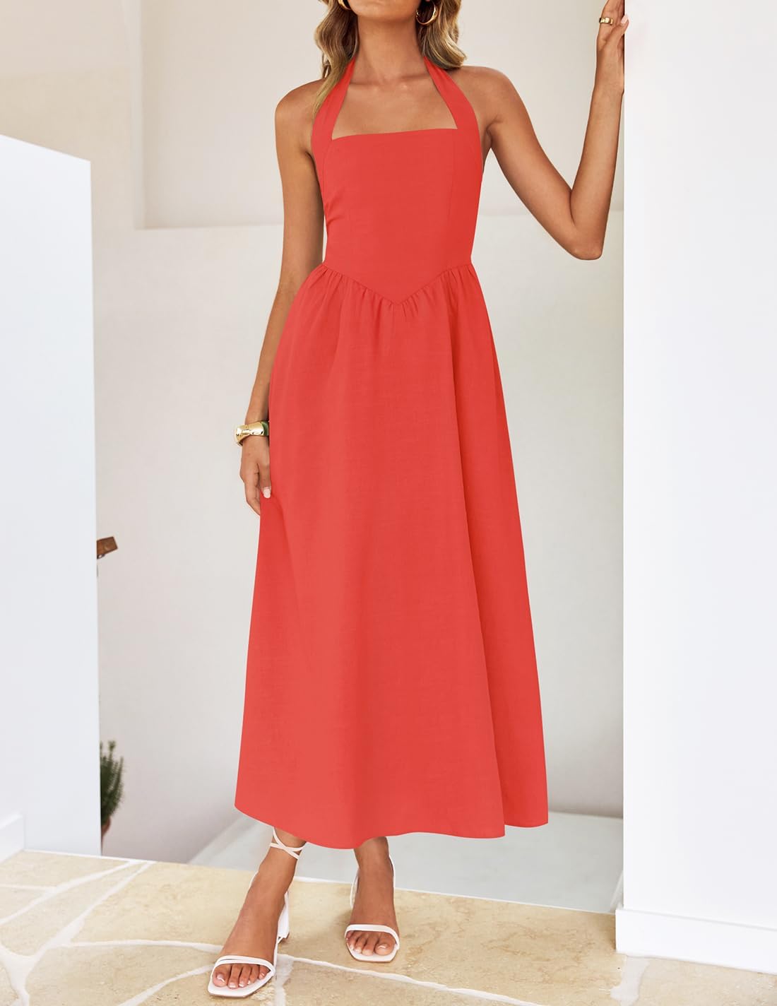 ZESICA Women's Summer Sleeveless Halter Midi Dress 2026 Off Shoulder High Waist Flowy Beach Wedding Guest Long Dresses - Image 8